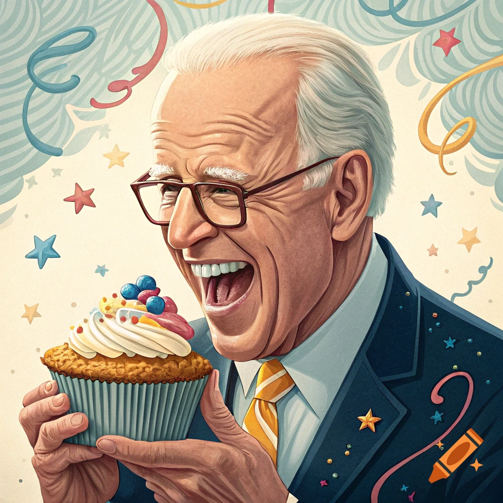 Illustration of Joe Biden laughing while holding a cupcake at a party with confetti and streamers.