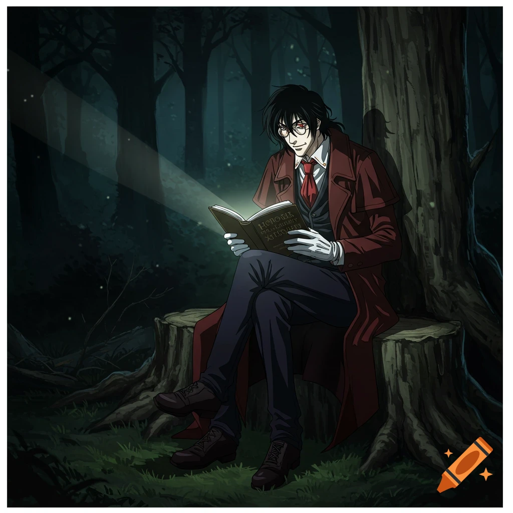 Anime character sitting on a tree trunk reading a book in a dark forest