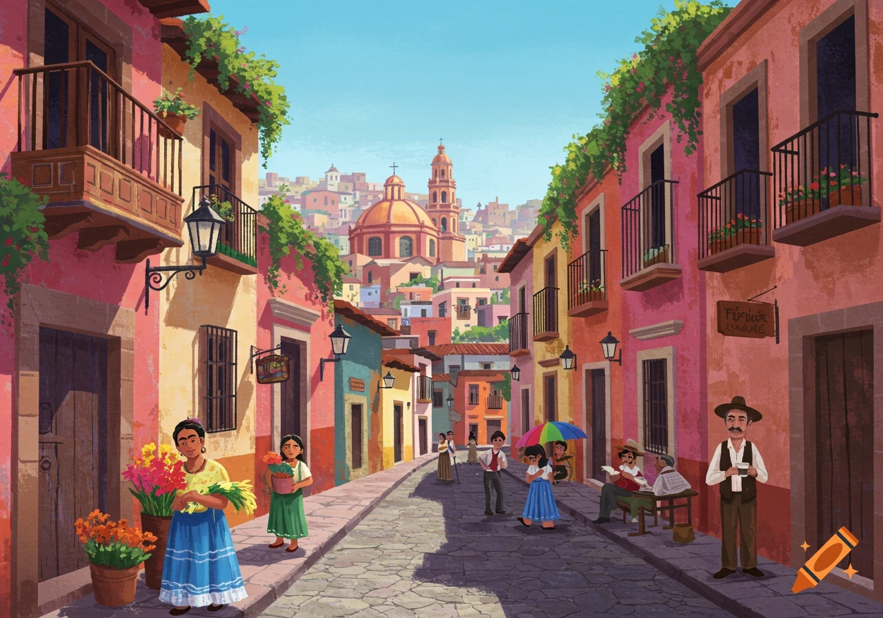 Colorful illustration of a vibrant street scene in a Mexican city with traditional buildings and people