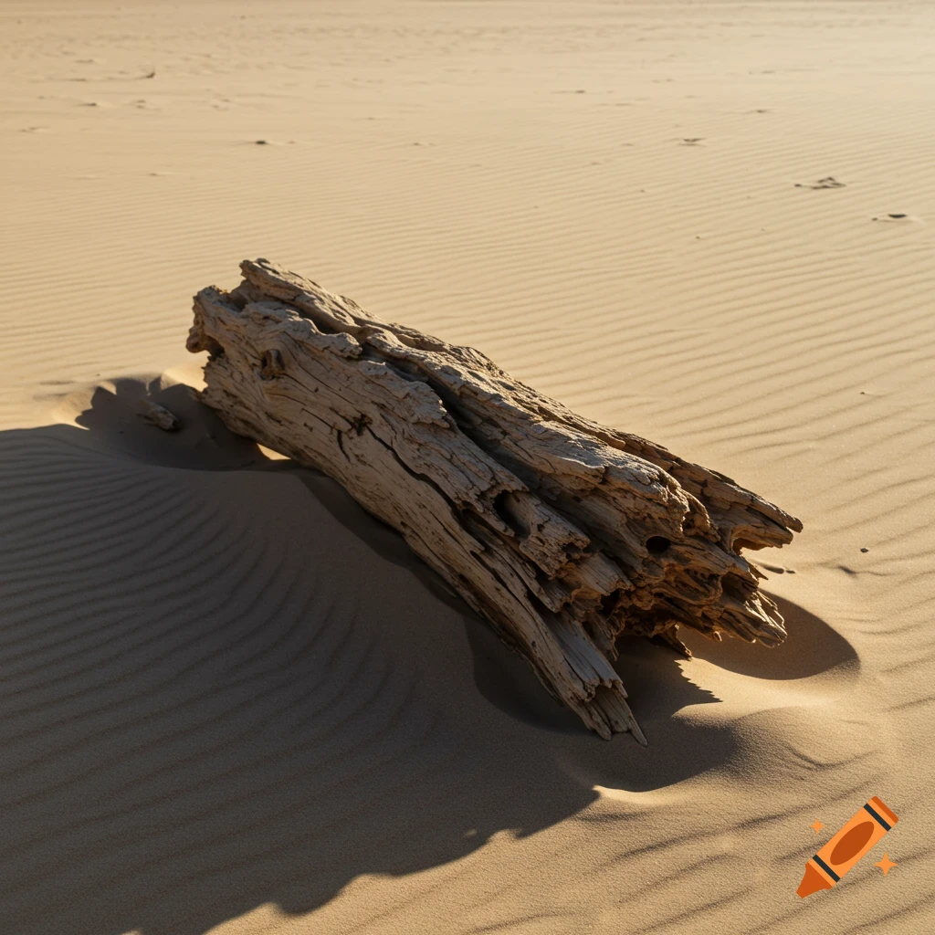 Weathered driftwood log resting on sand dunes with ripples and long shadows.