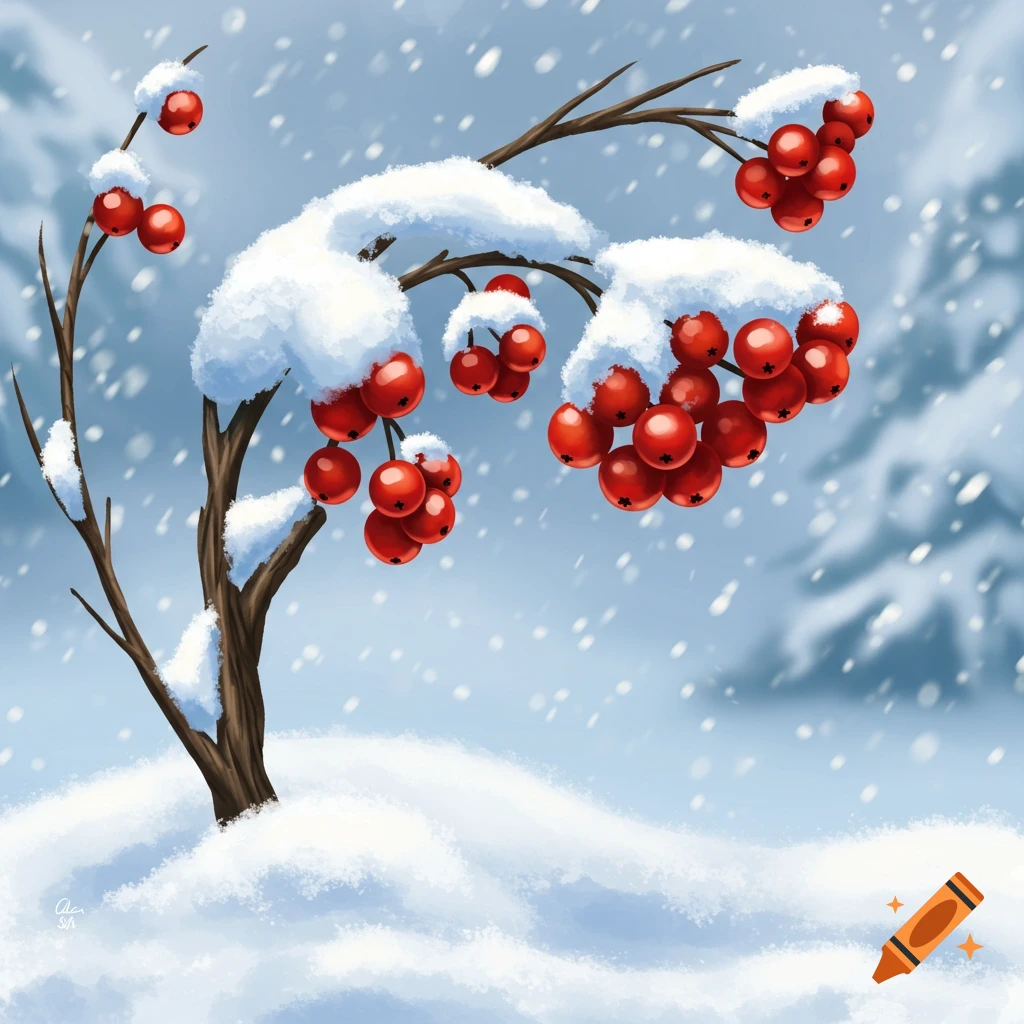 A branch with red berries covered in snow during a snowfall.