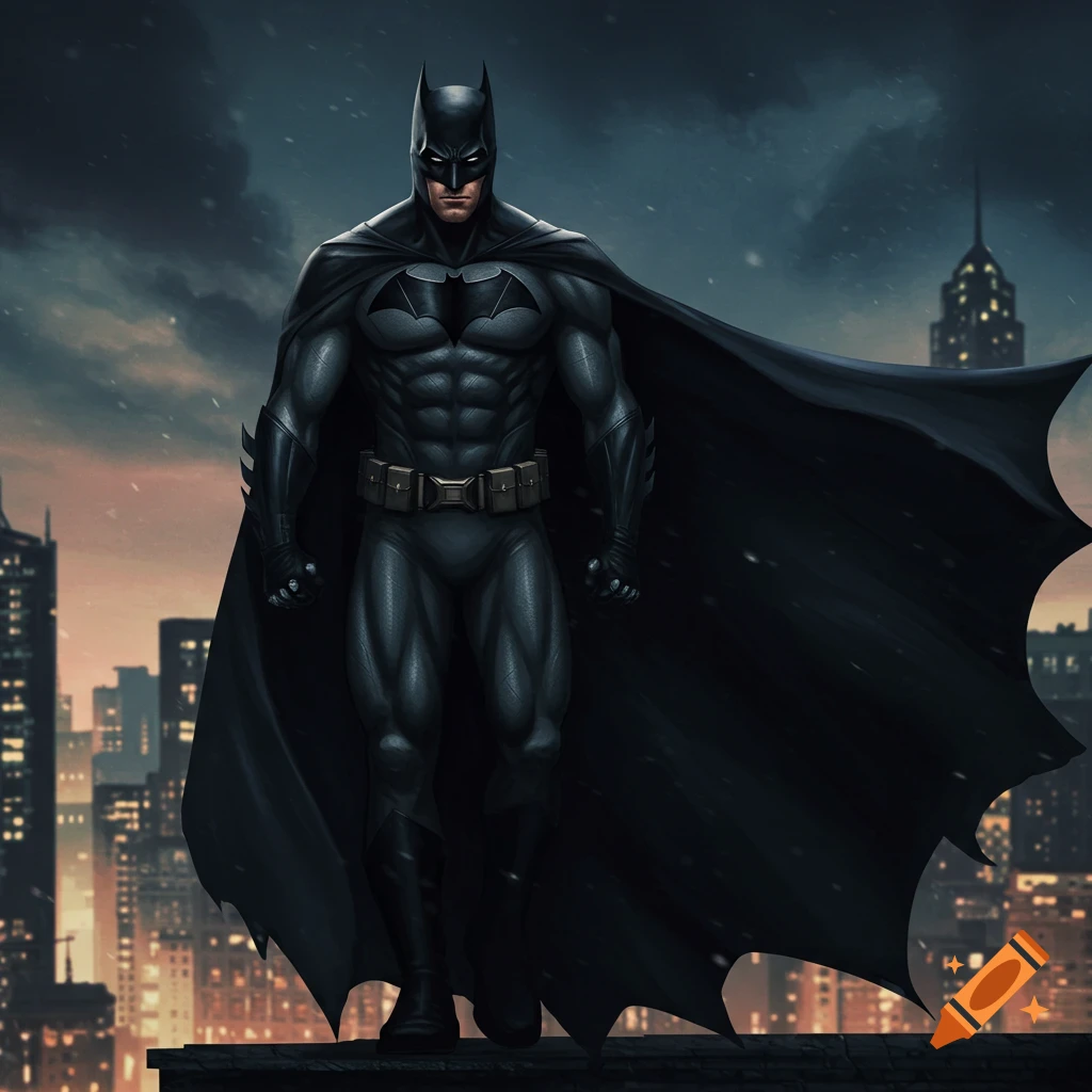 Character resembling Batman standing on a rooftop overlooking a city skyline at dusk.