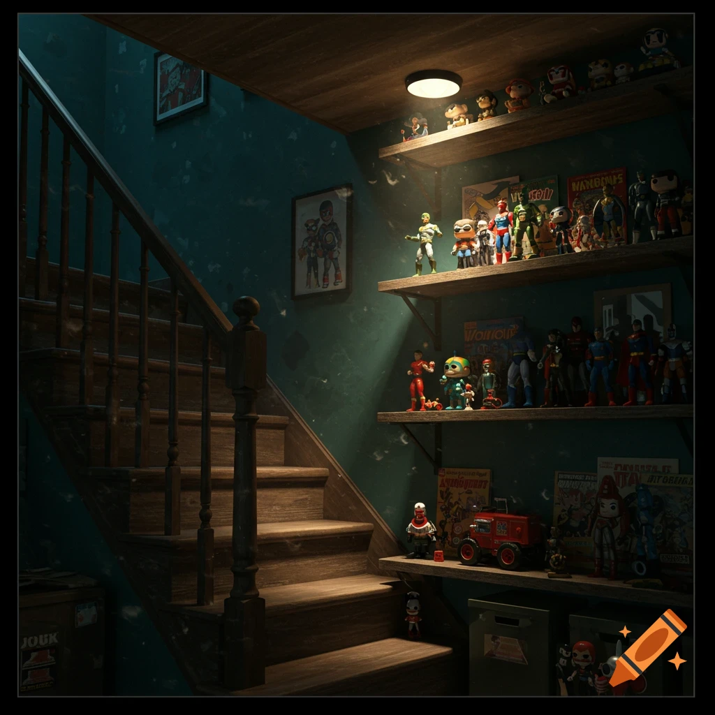 Moody view of a wooden staircase next to shelves packed with action figures and collectibles.