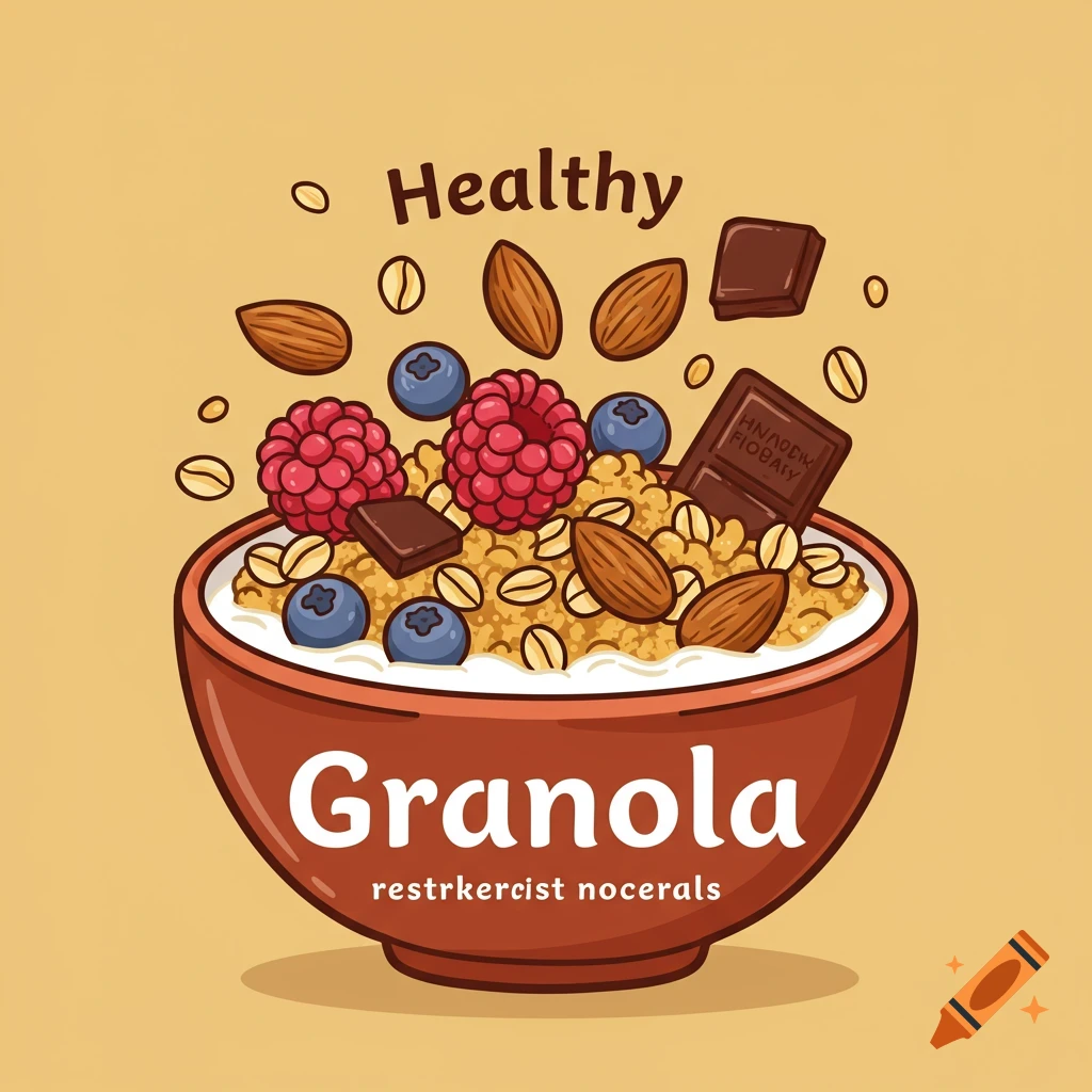 Illustration of a bowl of granola with fruit, nuts, and chocolate, with text 'Healthy Granola'.