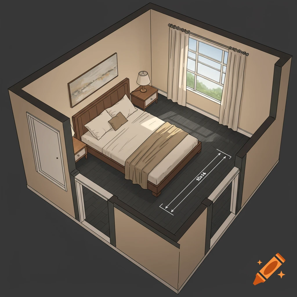 Isometric illustration of a bedroom layout with a king size bed, nightstands, lamp, and painting. Dimensions 10x14 are indicated.