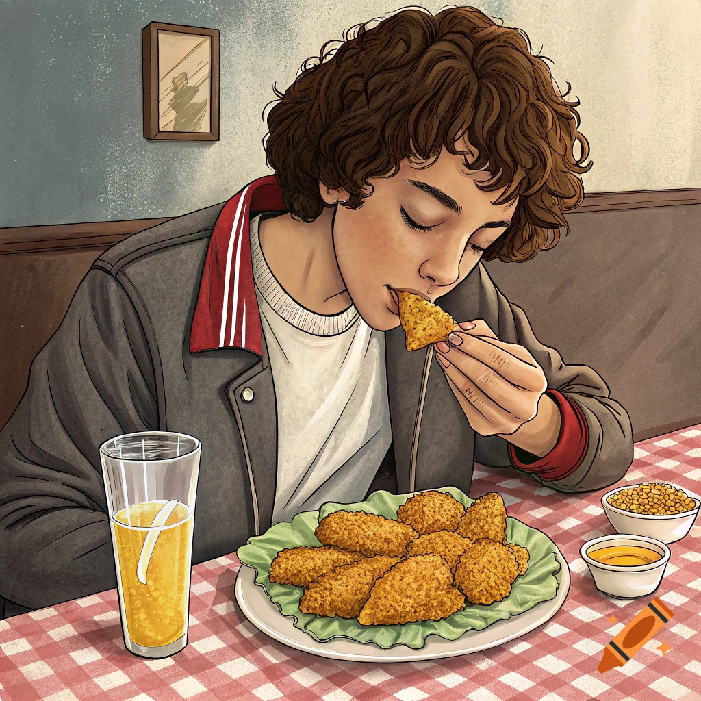 Illustration of a person eating fried chicken and drinking at a table.