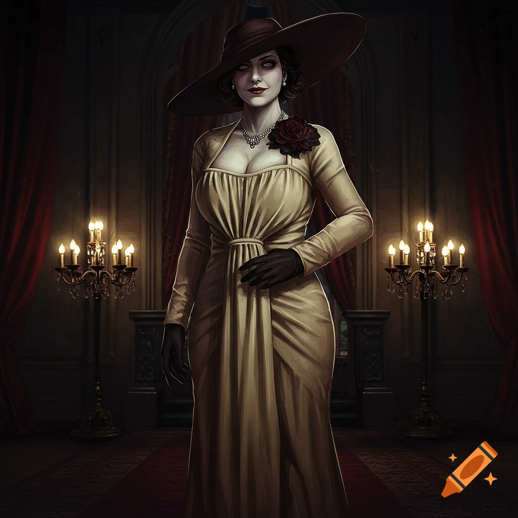 Lady Dimitrescu stands in a gothic mansion hall wearing a dress and wide-brimmed hat.