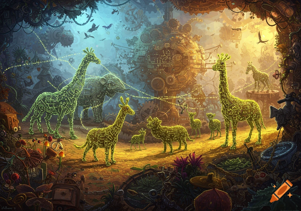 Detailed illustration of robotic giraffes, an elephant, and deer in a lush steampunk forest filled with gears and machinery.