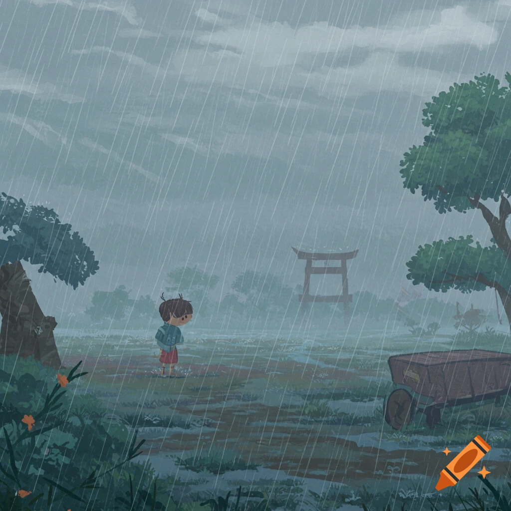 A stylized illustration shows a small boy standing in heavy rain in a muddy field. A red torii gate is visible in the distance, and a wheelbarrow is on the right.
