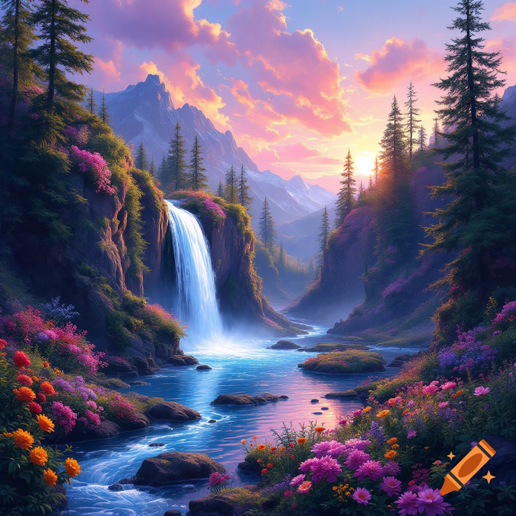 Anime style landscape, jungle, waterfall, flowers, sunset