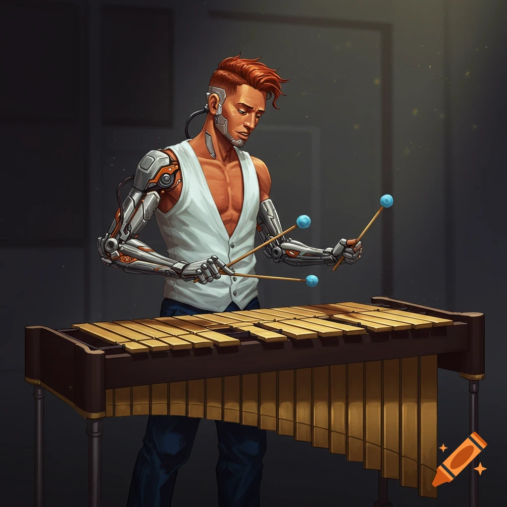 A cyborg man with red hair and mechanical arms plays a vibraphone.