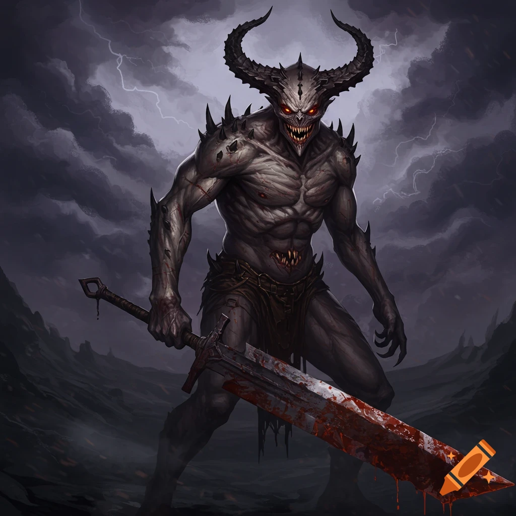 A demonic creature with glowing red eyes and a large bloody sword stands before a stormy sky.