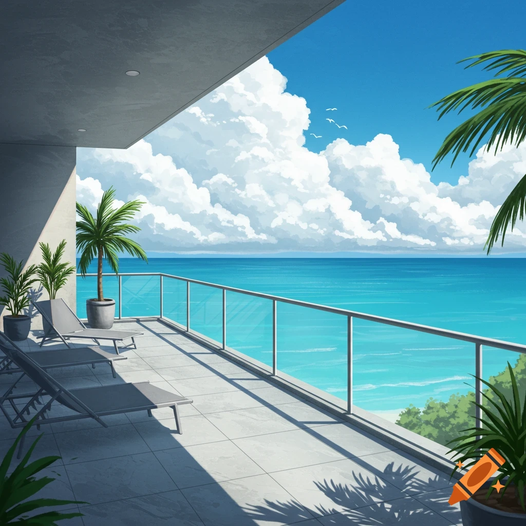 Anime style view from a balcony overlooking a tropical ocean with palm trees and lounge chairs.