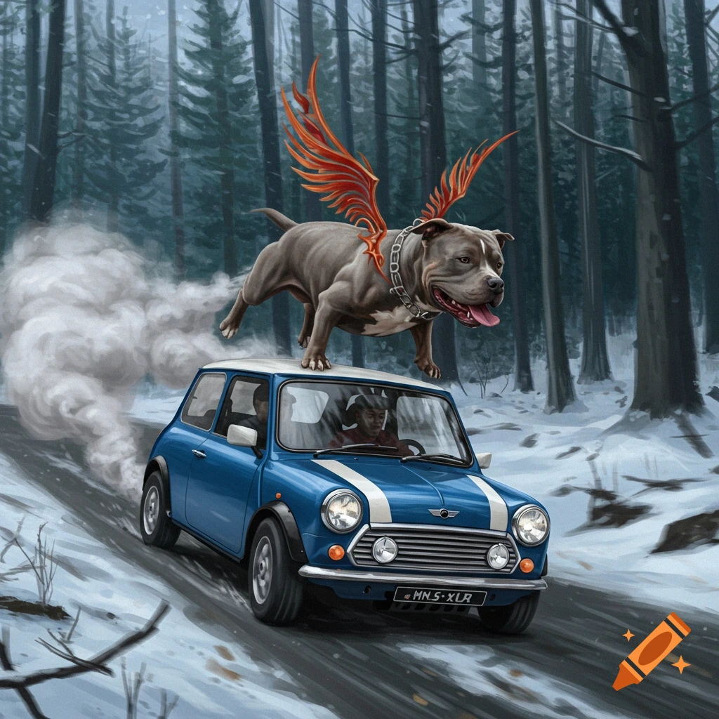 A winged pitbull stands on top of a blue Mini Cooper driving through a snowy forest. Painted style.
