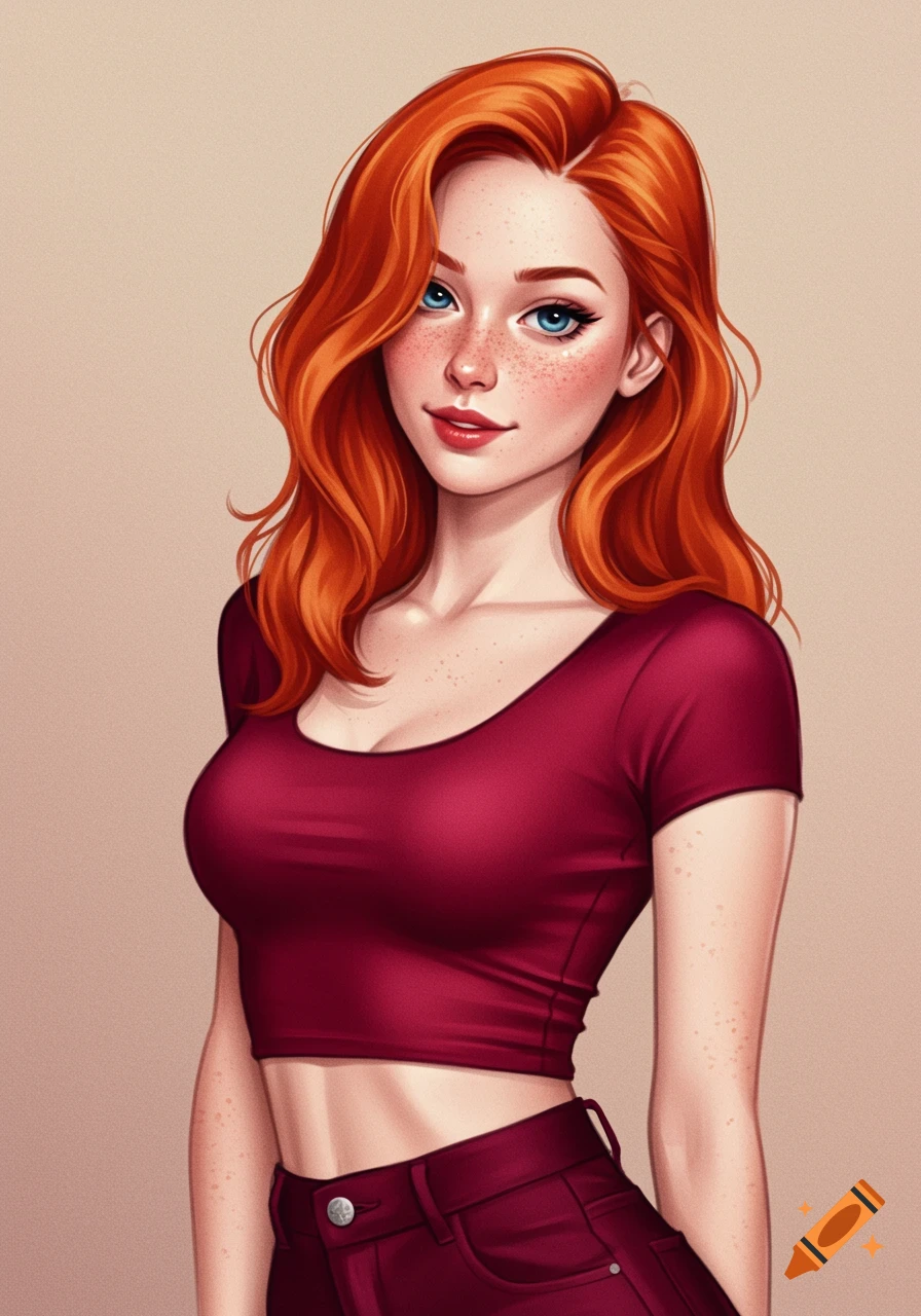 Digital illustration of a young woman with red hair, blue eyes, and freckles, wearing a red crop top.