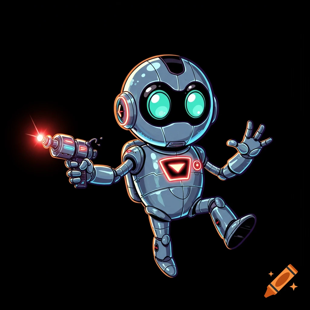 Cartoon robot floating with a ray gun on a black background.