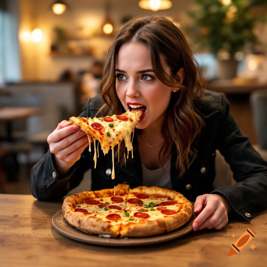 A woman eating a slice of pizza with dripping cheese in a restaurant.