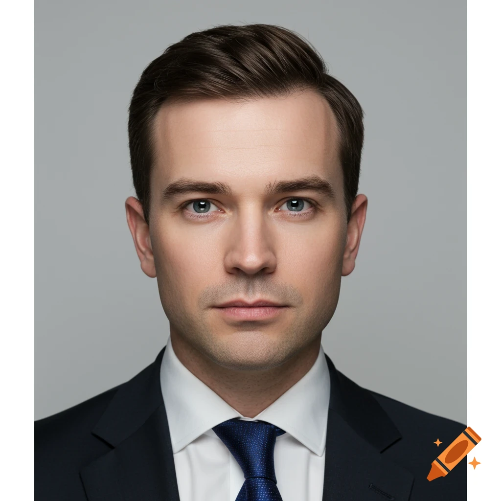 A portrait of a man in a dark suit and blue tie