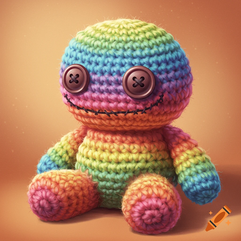 A colorful rainbow crocheted plush toy with button eyes and a stitched smile sits on a brown surface.