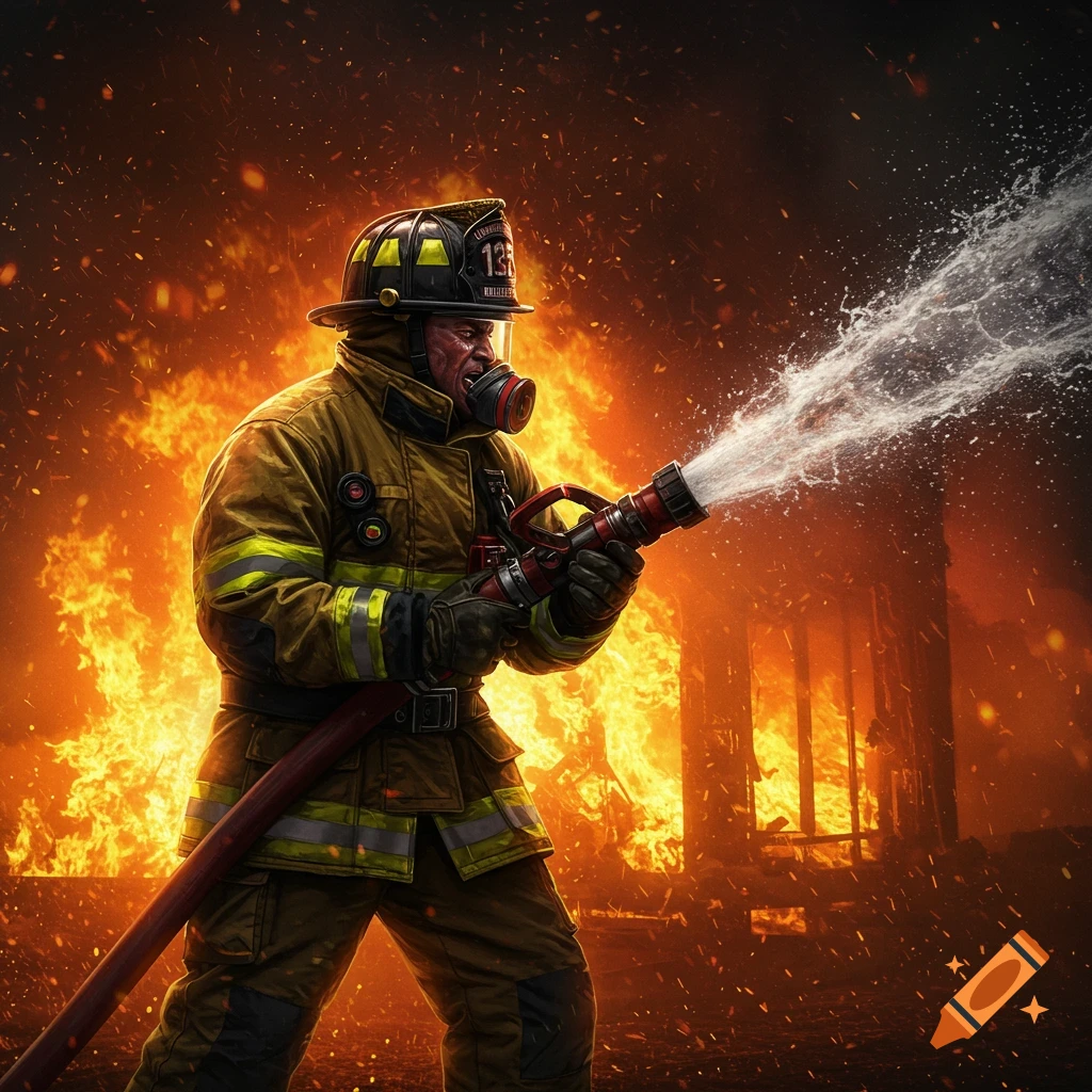 A heroic firefighter in gear sprays water on a large fire.