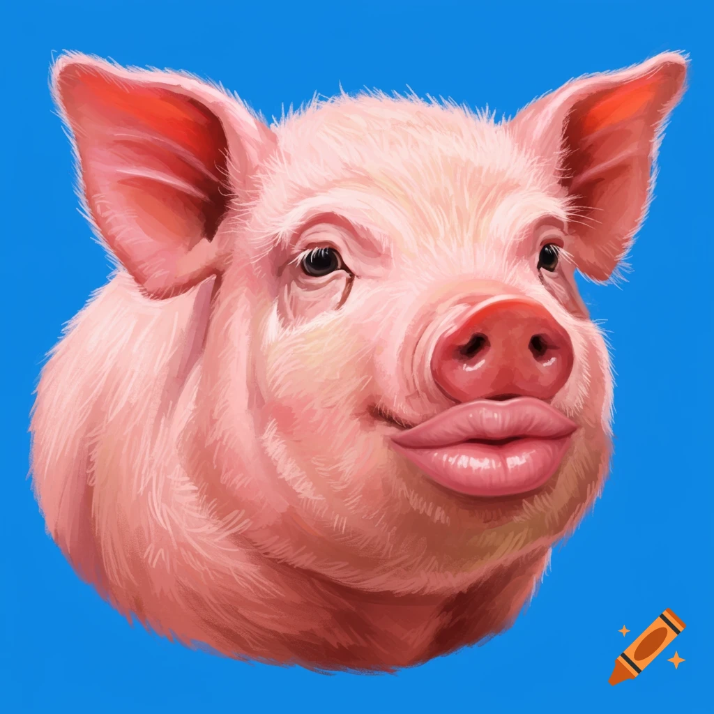 Illustration of a pink pig's head with human lips against a blue background.