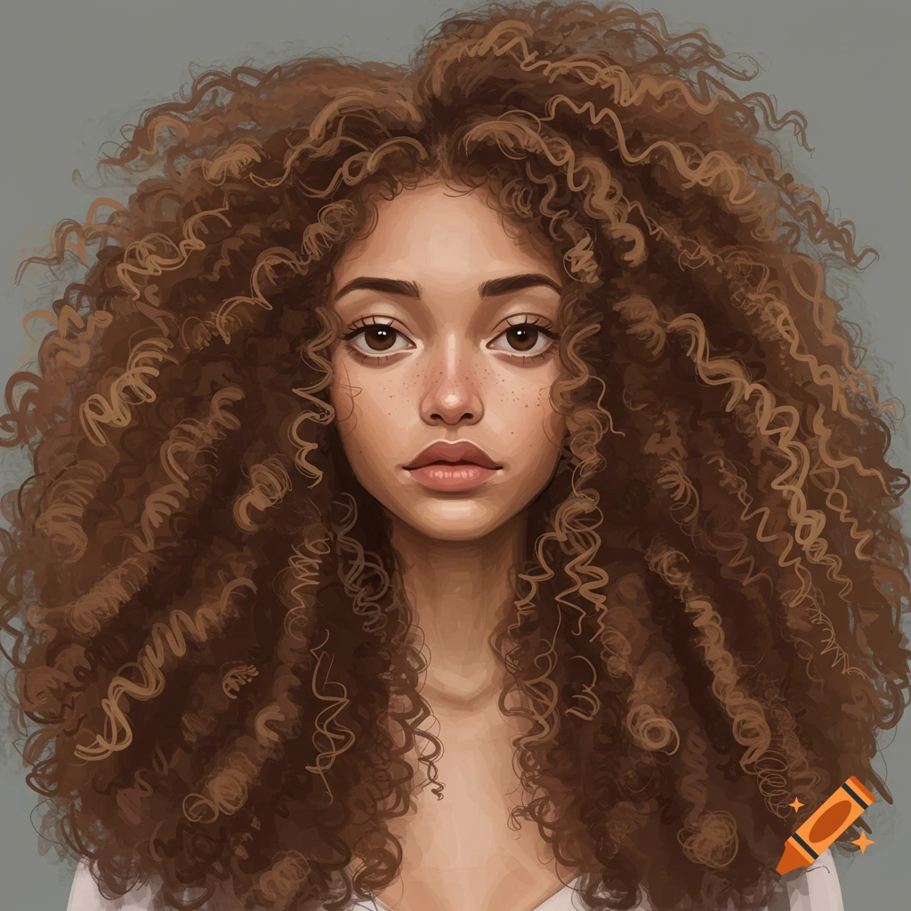 A detailed portrait of a young woman with abundant curly brown hair and freckles.