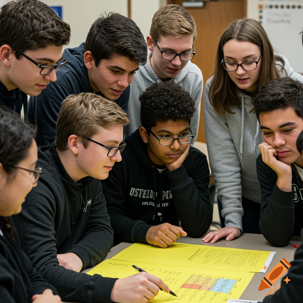 A group of students gathered around a table, looking intently at a document.