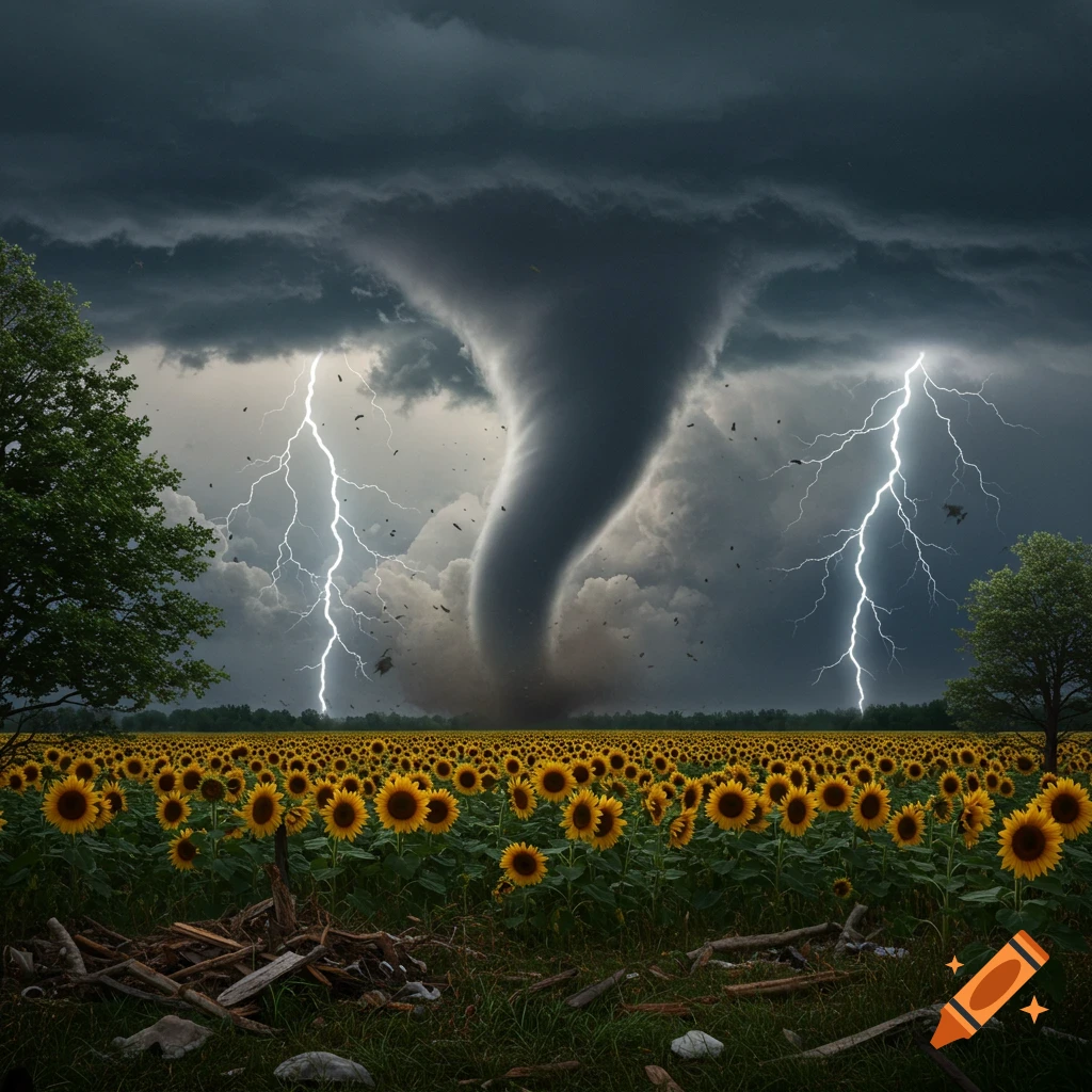 A large tornado tears through a field of sunflowers under a dark, stormy sky with lightning.