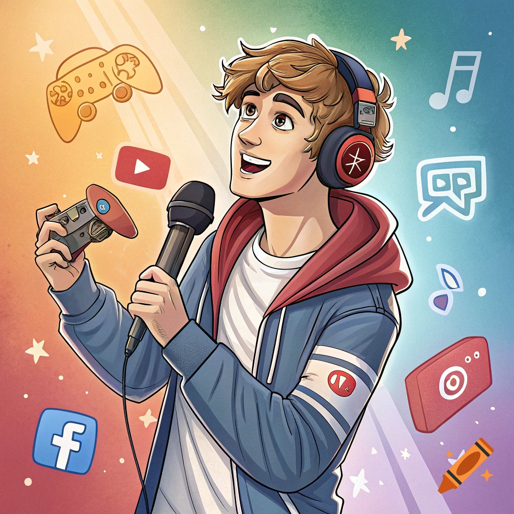 A cartoon person with headphones holds a microphone and controller, surrounded by social media icons, music notes, and stars.