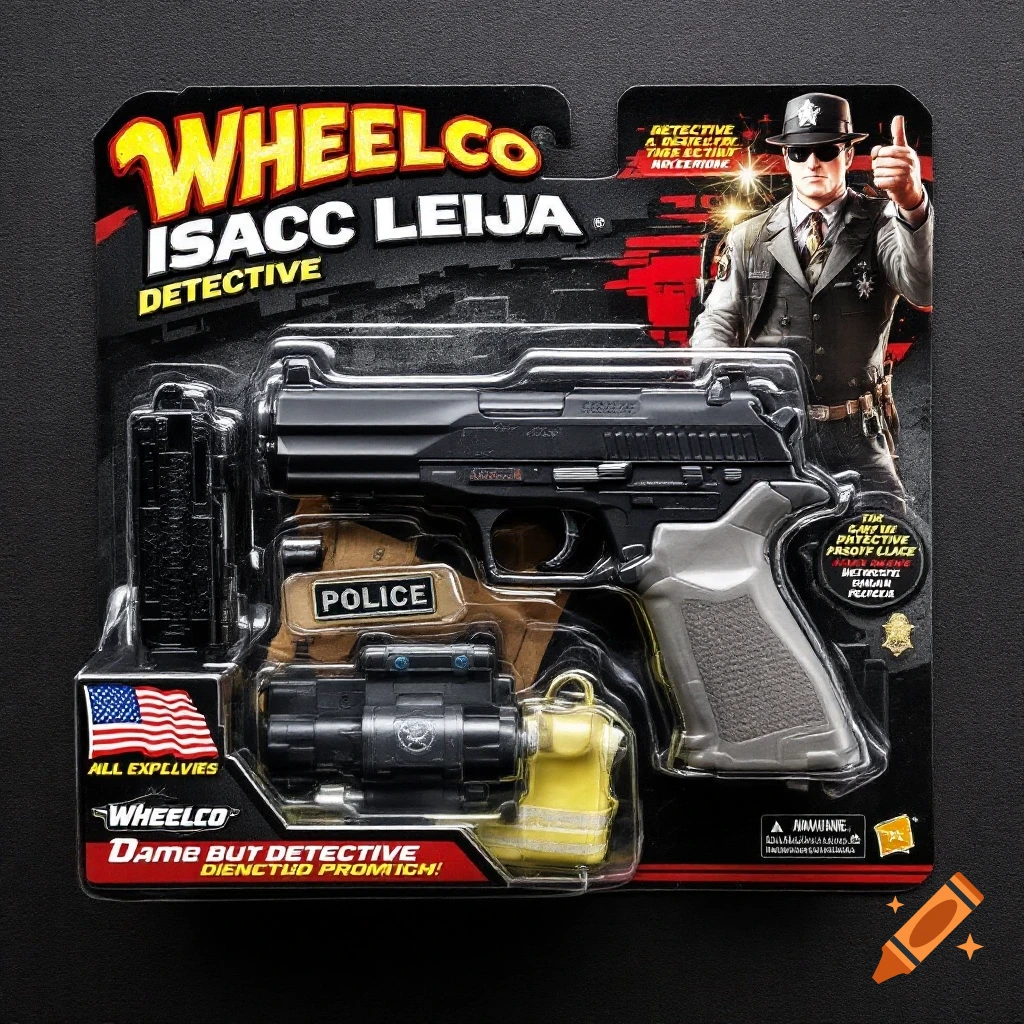 Toy package for a Wheelco Detective ISACC LEIJA set, showing a gun, badge, vest, and detective figure.