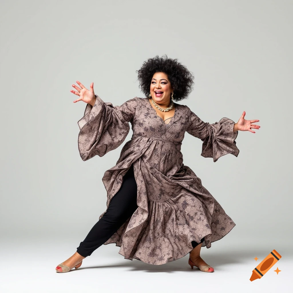 A woman in a patterned dress and dark pants dances with arms outstretched against a gray background.