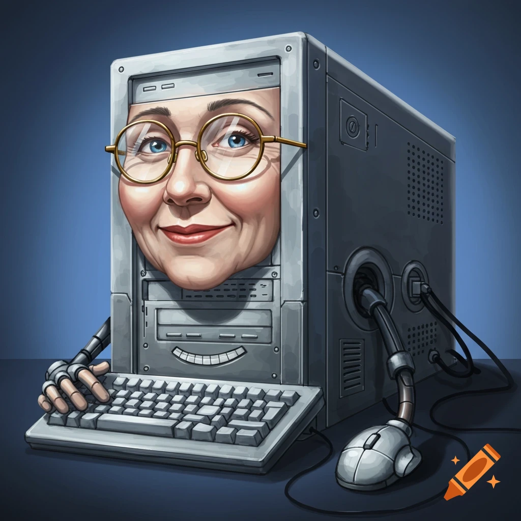 Cartoon illustration of a computer with a human face arms and hands