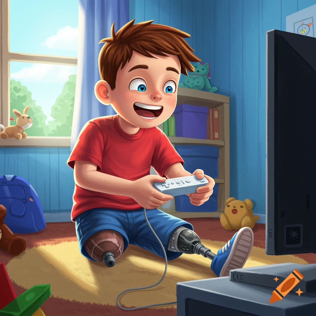 Cartoon illustration of a smiling boy with prosthetic legs playing a video game with a Wii remote.