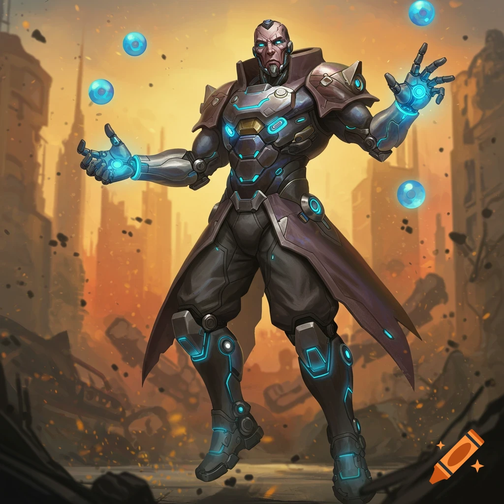 A futuristic armored character manipulates glowing blue energy spheres in a ruined city.