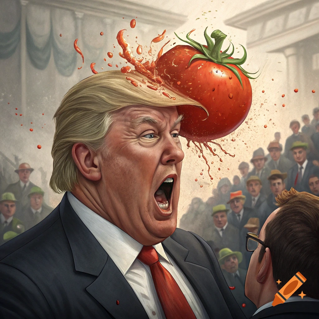 Caricature of Donald Trump getting hit in the head with a large tomato, splattering juice, in front of a crowd.