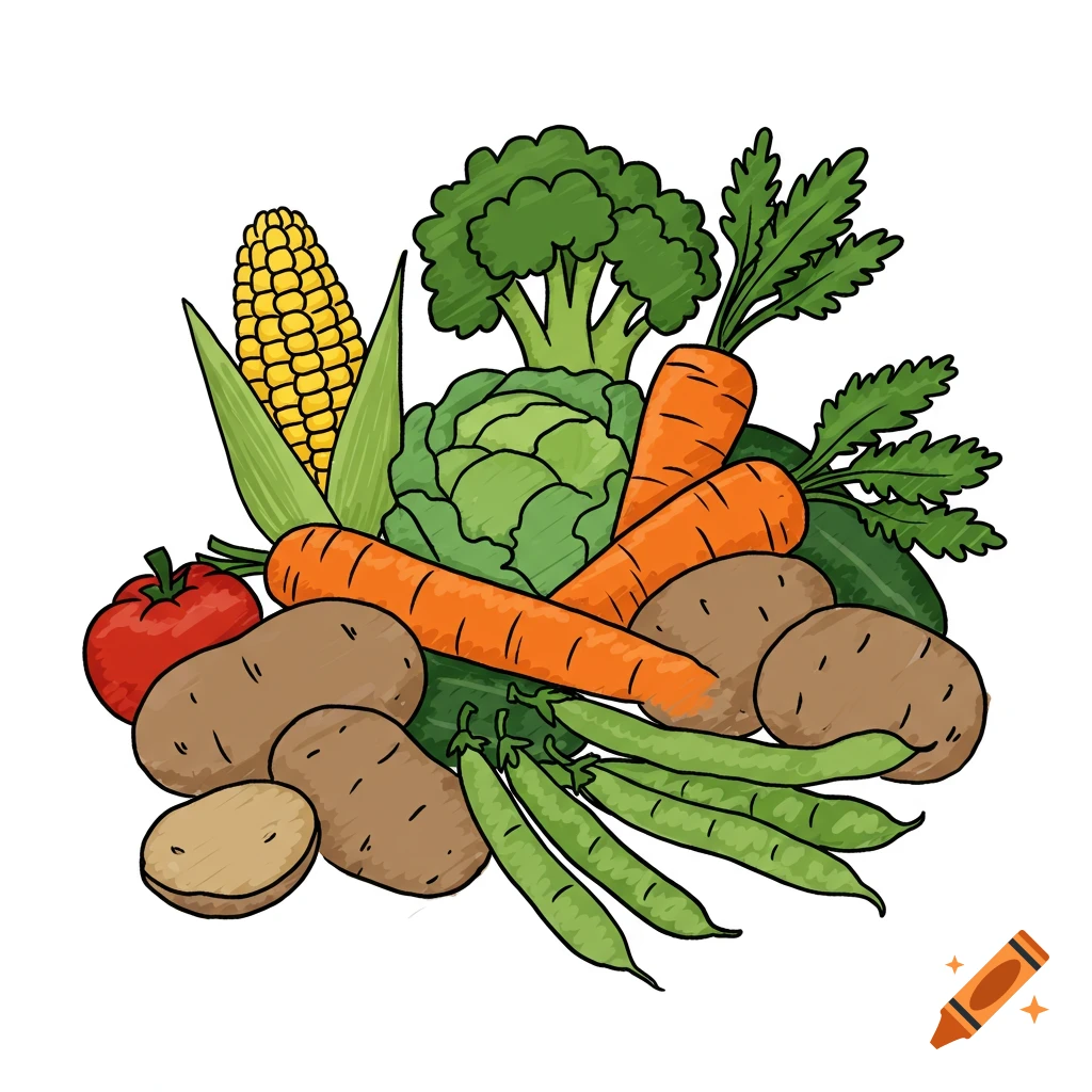 A simple drawing of a pile of vegetables including potatoes, carrots, corn, broccoli, cabbage, tomato, peas, and cucumber.