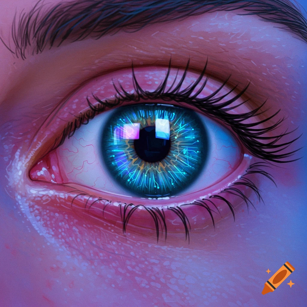 Close-up of a human eye with a blue and gold circuit board iris, sci-fi art