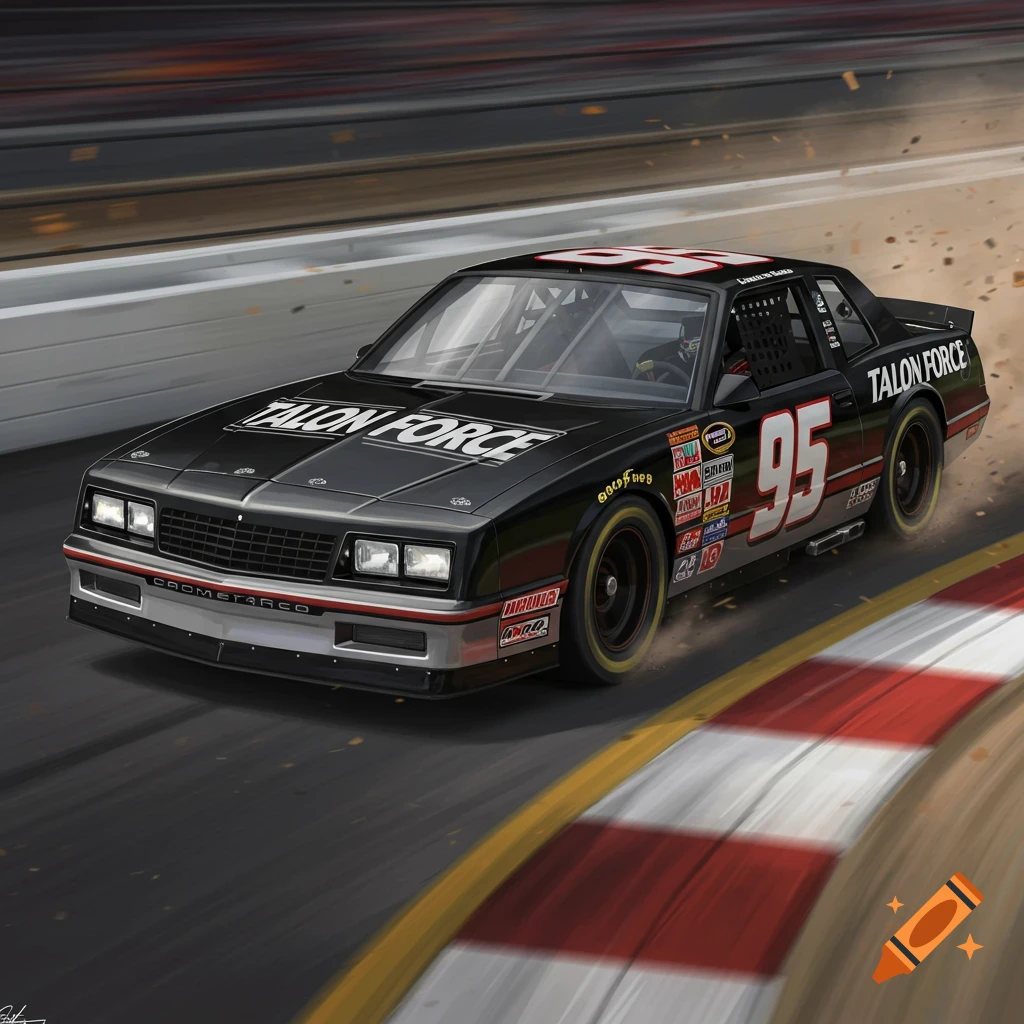 A black #95 race car speeds around a track.