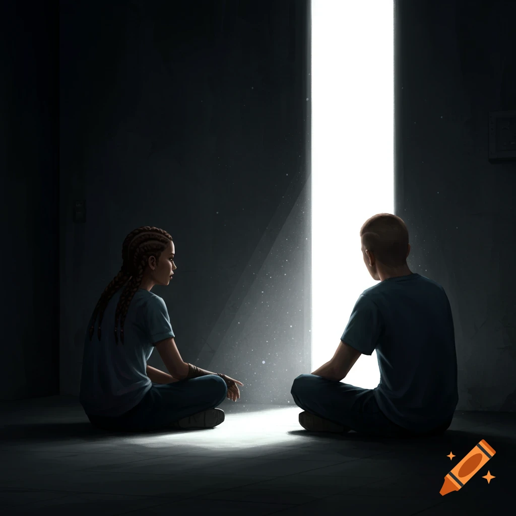 Two people sit in a dark room, facing a vertical beam of bright light.