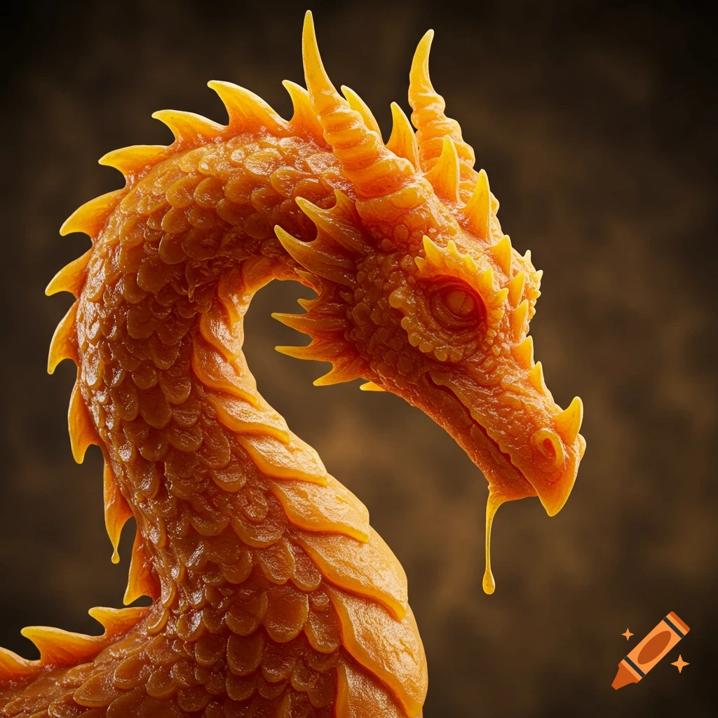 Close-up of a dragon head and neck made of textured melted orange wax.