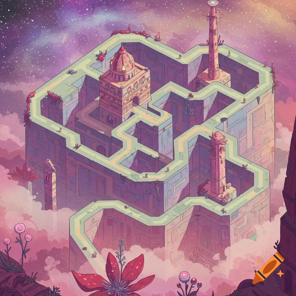 Isometric maze structure floating in clouds under a starry sky with small figures on paths.