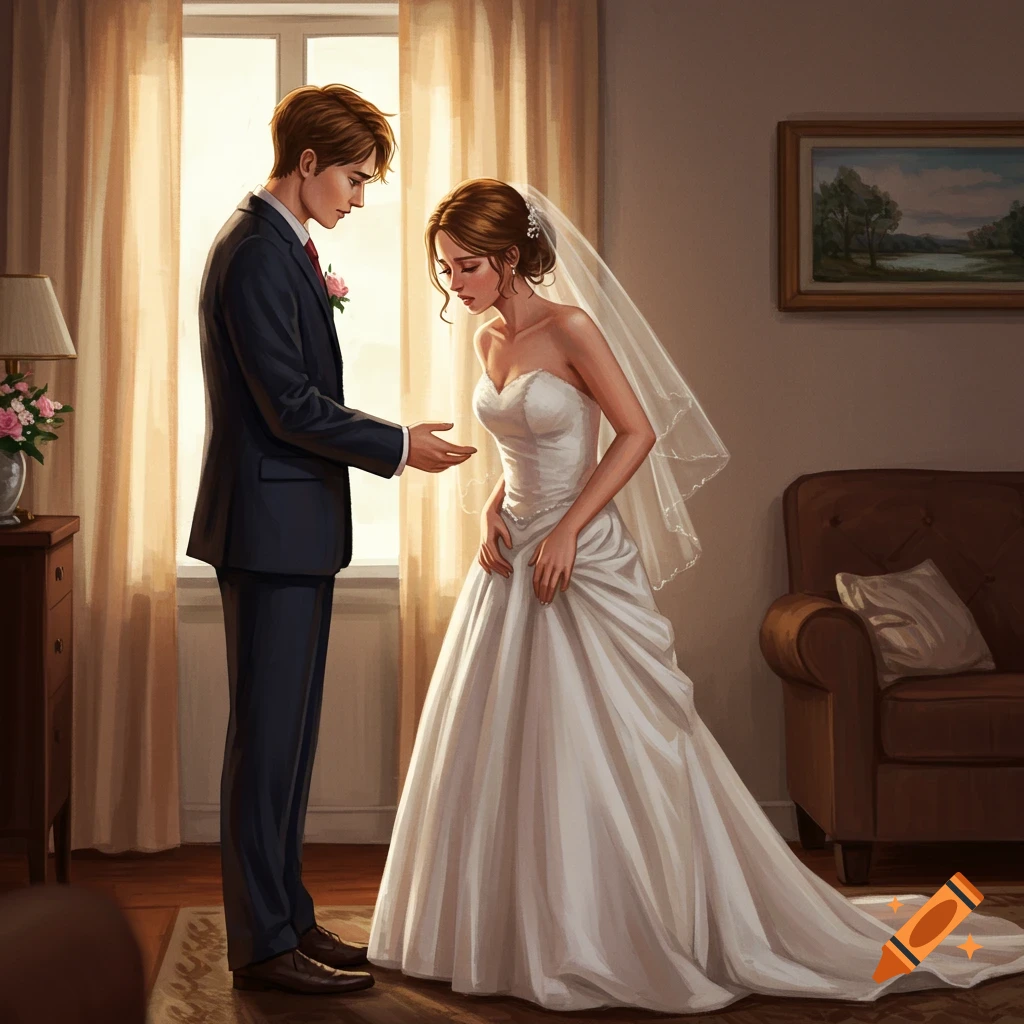 A bride in a white wedding dress and a groom in a dark suit stand in a room.