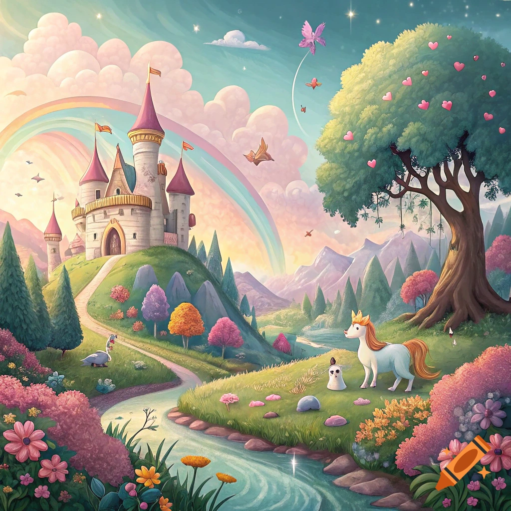 A colorful fairytale landscape with a castle on a hill, a rainbow, a unicorn, a swan, a river, and vibrant flowers under a magical tree.