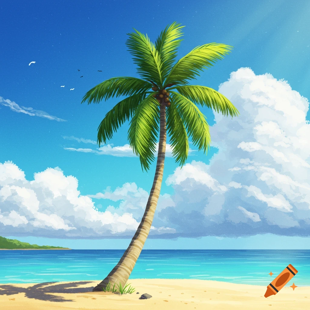 A vibrant illustration of a tall palm tree leaning over a sunny tropical beach with blue water and puffy clouds.