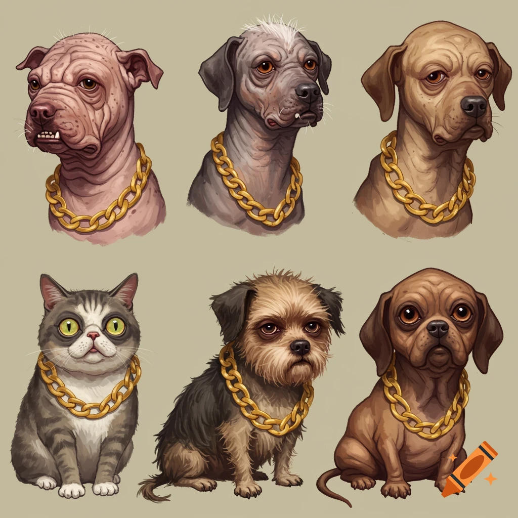 Portraits of various dogs and a cat wearing golden chains.