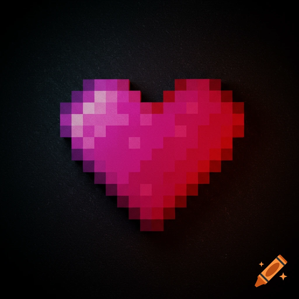 A pixelated heart on a dark background.