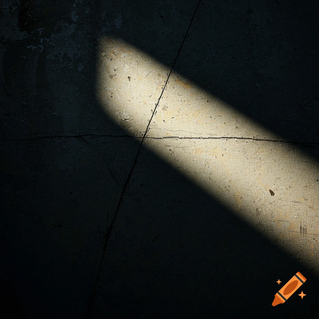A dark textured surface with cracks is illuminated by a strong diagonal light beam.