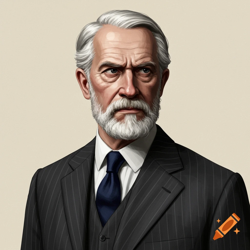 Stylized portrait of an older man with a white beard wearing a pinstripe suit and tie.