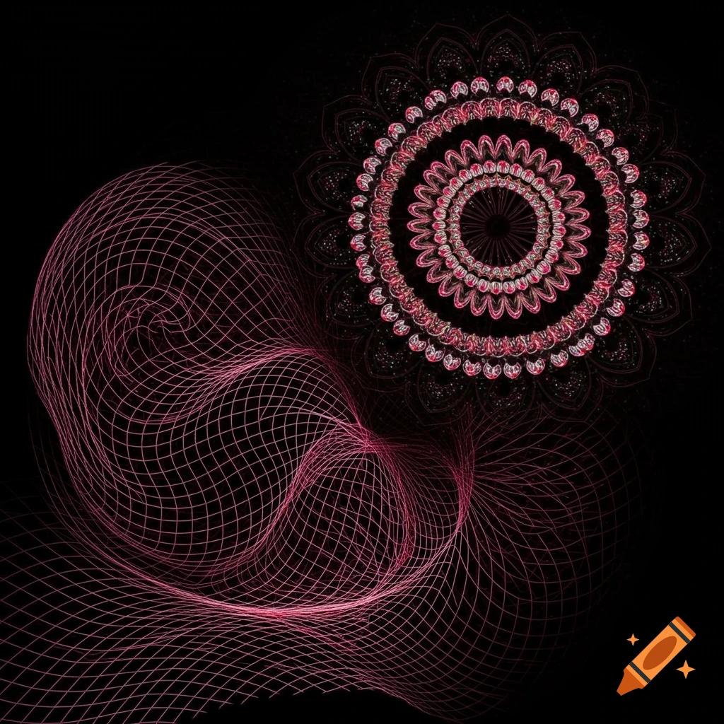 Abstract fractal image with a pink grid shape and a detailed pink and red mandala on a black background.