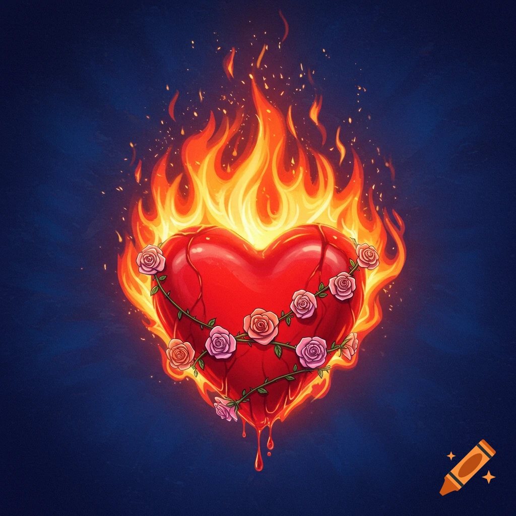 A flaming red heart wrapped in a vine of pink roses on a dark background.